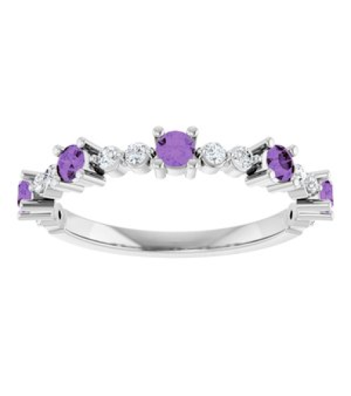 72051 Ring Set Sterling Silver Natural Amethyst Round 2.5 Mm Natural Diamond Polished Natural Amethyst And 16 Ctw Natural Diamond Stackable Ring