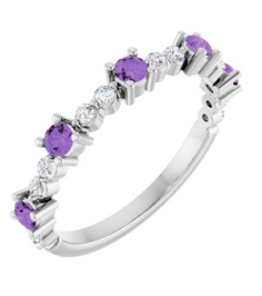 72051 Ring Set 14K White Natural Amethyst Round 2.5 Mm Natural Diamond Polished Natural Amethyst And 16 Ctw Natural Diamond Stackable Ring