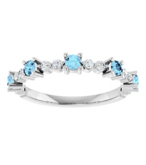 72051 Ring Set Sterling Silver Natural Aquamarine Round 2.5 Mm Natural Diamond Polished Natural Aquamarine And 16 Ctw Natural Diamond Stackable Ring