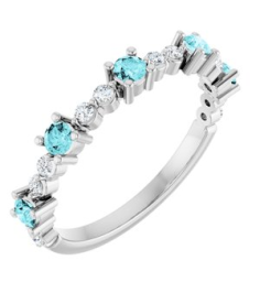 72051 Ring Set Sterling Silver Natural Blue Zircon Round 2.5 Mm Natural Diamond Polished Natural Blue Zircon And 16 Ctw Natural Diamond Stackable Ring