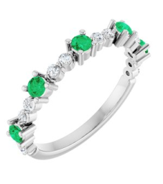 72051 Ring Set Sterling Silver Natural Emerald Round 2.5 Mm Natural Diamond Polished Natural Emerald And 16 Ctw Natural Diamond Stackable Ring