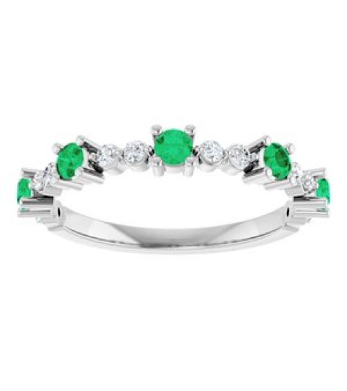 72051 Ring Set Sterling Silver Natural Emerald Round 2.5 Mm Natural Diamond Polished Natural Emerald And 16 Ctw Natural Diamond Stackable Ring