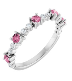 72051 Ring Set Sterling Silver Natural Pink Tourmaline Round 2.5 Mm Natural Diamond Polished Natural Pink Tourmaline And 16 Ctw Natural Diamond Stackable Ring