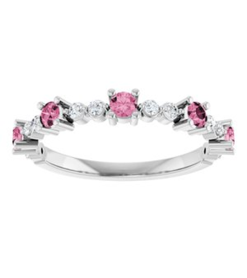 72051 Ring Set Sterling Silver Natural Pink Tourmaline Round 2.5 Mm Natural Diamond Polished Natural Pink Tourmaline And 16 Ctw Natural Diamond Stackable Ring