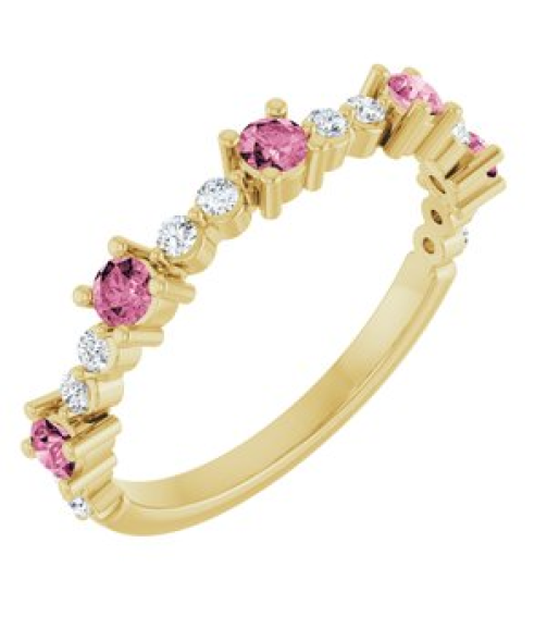 72051 Ring Set 14K Yellow Natural Pink Tourmaline Round 2.5 Mm Natural Diamond Polished Natural Pink Tourmaline And 16 Ctw Natural Diamond Stackable Ring