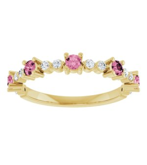 72051 Ring Set 14K Yellow Natural Pink Tourmaline Round 2.5 Mm Natural Diamond Polished Natural Pink Tourmaline And 16 Ctw Natural Diamond Stackable Ring