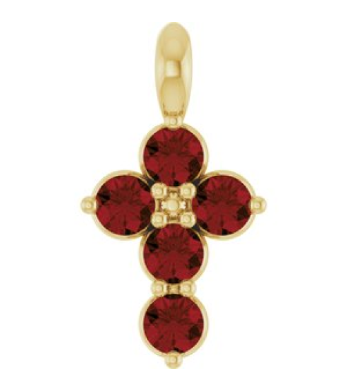 R42363 Pendant 14K Yellow Set Natural Mozambique Garnet Round 2 Mm 11.5 X 6.1 Mm Polished Natural Garnet Cross Pendant