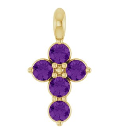 R42363 Pendant 14K Yellow Set Natural Amethyst Round 2 Mm 11.5 X 6.1 Mm Polished Natural Amethyst Cross Pendant