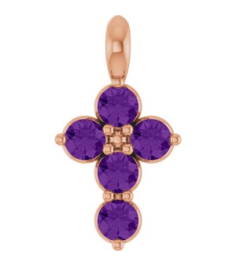 R42363 Pendant 14K Rose Set Natural Amethyst Round 2 Mm 11.5 X 6.1 Mm Polished Natural Amethyst Cross Pendant