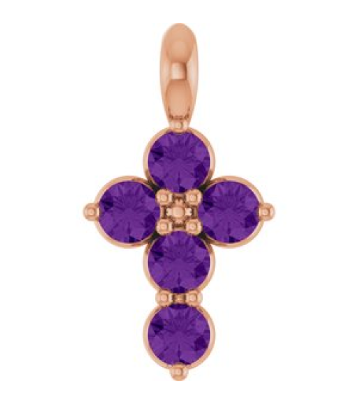 R42363 Pendant 14K Rose Set Natural Amethyst Round 2 Mm 11.5 X 6.1 Mm Polished Natural Amethyst Cross Pendant