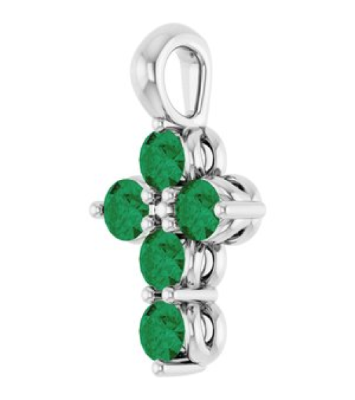 R42363 Pendant 14K White Set Natural Emerald Round 2 Mm 11.5 X 6.1 Mm Polished Natural Emerald Cross Pendant