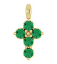 R42363 Pendant 14K Yellow Set Natural Emerald Round 2 Mm 11.5 X 6.1 Mm Polished Natural Emerald Cross Pendant