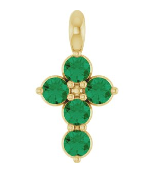 R42363 Pendant 14K Yellow Set Natural Emerald Round 2 Mm 11.5 X 6.1 Mm Polished Natural Emerald Cross Pendant