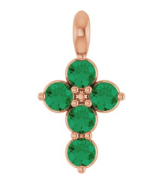 R42363 Pendant 14K Rose Set Natural Emerald Round 2 Mm 11.5 X 6.1 Mm Polished Natural Emerald Cross Pendant