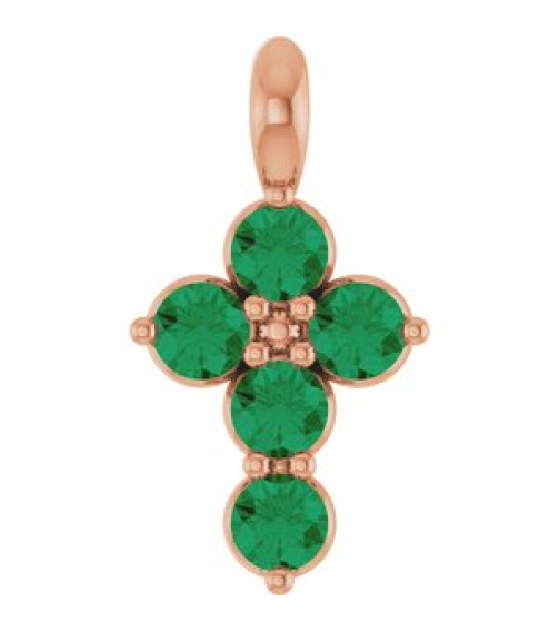 R42363 Pendant 14K Rose Set Natural Emerald Round 2 Mm 11.5 X 6.1 Mm Polished Natural Emerald Cross Pendant