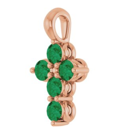 R42363 Pendant 14K Rose Set Natural Emerald Round 2 Mm 11.5 X 6.1 Mm Polished Natural Emerald Cross Pendant