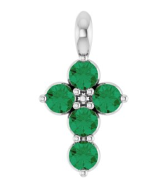 R42363 Pendant Platinum Set Natural Emerald Round 2 Mm 11.5 X 6.1 Mm Polished Natural Emerald Cross Pendant
