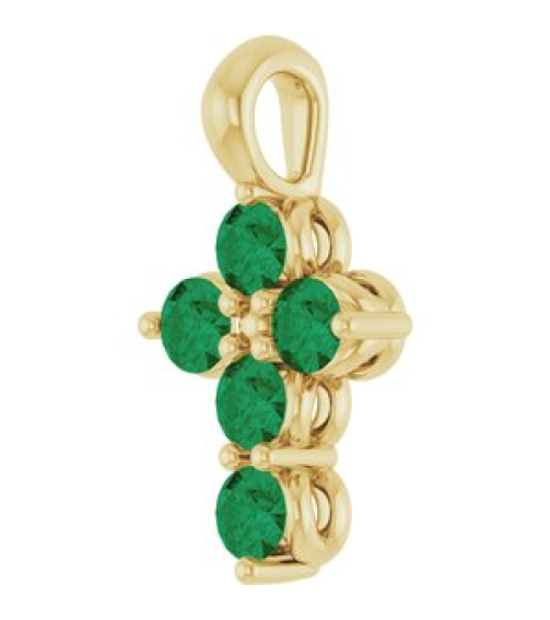 R42363 Pendant 14K Yellow Set Lab-Grown Emerald Round 2 Mm 11.5 X 6.1 Mm Polished Lab-Grown Emerald Cross Pendant