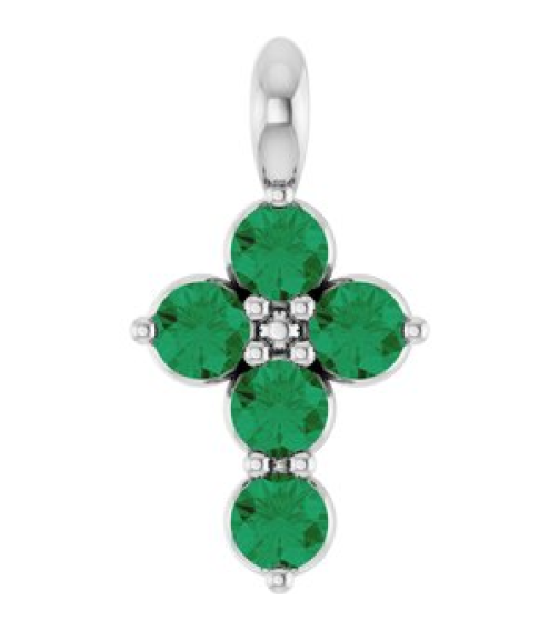 R42363 Pendant Platinum Set Lab-Grown Emerald Round 2 Mm 11.5 X 6.1 Mm Polished Lab-Grown Emerald Cross Pendant