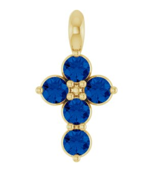 R42363 Pendant 14K Yellow Set Natural Blue Sapphire Round 2 Mm 11.5 X 6.1 Mm Polished Natural Blue Sapphire Cross Pendant