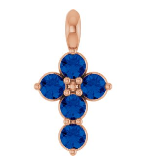 R42363 Pendant 14K Rose Set Natural Blue Sapphire Round 2 Mm 11.5 X 6.1 Mm Polished Natural Blue Sapphire Cross Pendant
