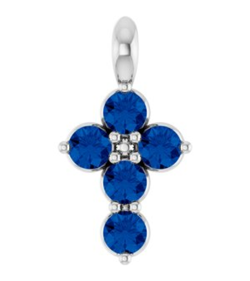 R42363 Pendant Platinum Set Lab-Grown Blue Sapphire Round 2 Mm 11.5 X 6.1 Mm Polished Lab-Grown Blue Sapphire Cross Pendant
