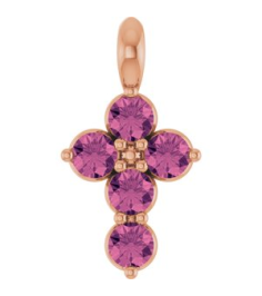 R42363 Pendant 14K Rose Set Natural Pink Tourmaline Round 2 Mm 11.5 X 6.1 Mm Polished Natural Pink Tourmaline Cross Pendant