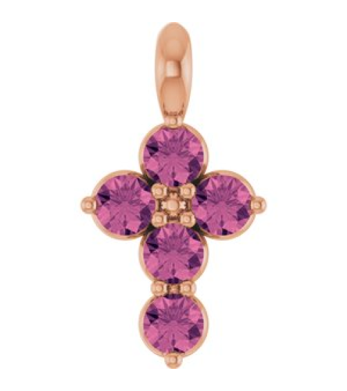 R42363 Pendant 14K Rose Set Natural Pink Tourmaline Round 2 Mm 11.5 X 6.1 Mm Polished Natural Pink Tourmaline Cross Pendant