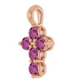 R42363 Pendant 14K Rose Set Natural Pink Tourmaline Round 2 Mm 11.5 X 6.1 Mm Polished Natural Pink Tourmaline Cross Pendant