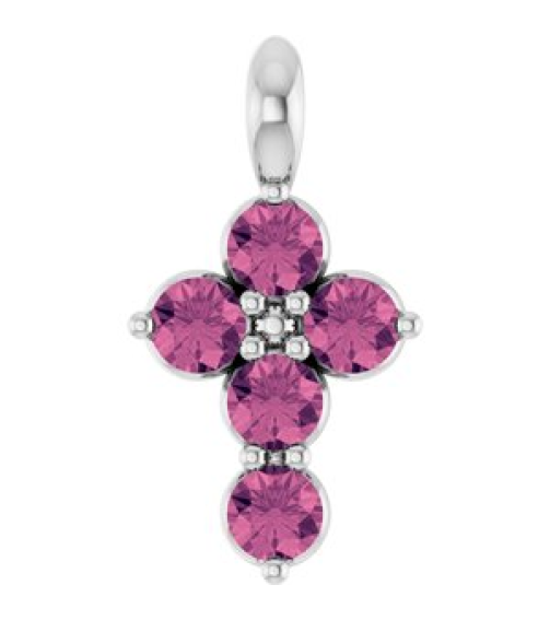 R42363 Pendant Platinum Set Natural Pink Tourmaline Round 2 Mm 11.5 X 6.1 Mm Polished Natural Pink Tourmaline Cross Pendant