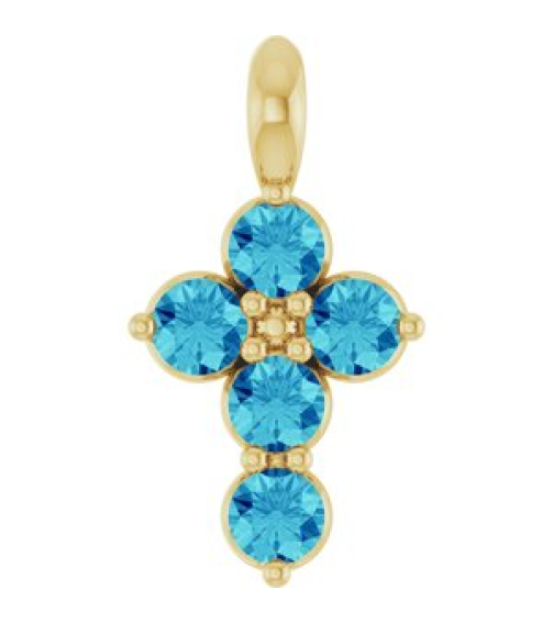 R42363 Pendant 14K Yellow Set Natural Blue Zircon Round 2 Mm 11.5 X 6.1 Mm Polished Natural Blue Zircon Cross Pendant