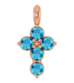 R42363 Pendant 14K Rose Set Natural Blue Zircon Round 2 Mm 11.5 X 6.1 Mm Polished Natural Blue Zircon Cross Pendant