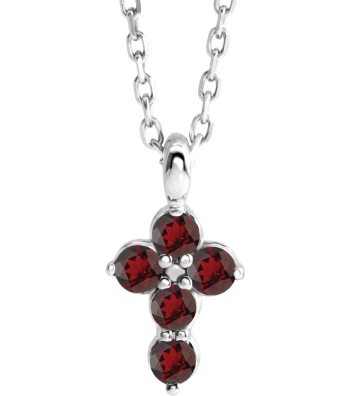 R42363 Necklace 14K White Set Natural Mozambique Garnet Round 2 Mm 11.5 X 6.1 Mm Polished Natural Garnet Cross 16-18 In Necklace