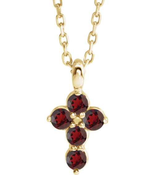 R42363 Necklace 14K Yellow Set Natural Mozambique Garnet Round 2 Mm 11.5 X 6.1 Mm Polished Natural Garnet Cross 16-18 In Necklace