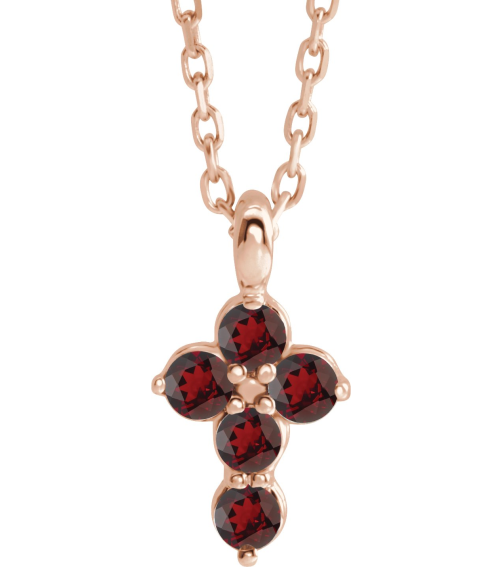 R42363 Necklace 14K Rose Set Natural Mozambique Garnet Round 2 Mm 11.5 X 6.1 Mm Polished Natural Garnet Cross 16-18 In Necklace