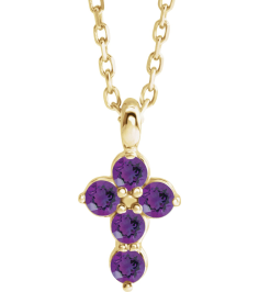 R42363 Necklace 14K Yellow Set Natural Amethyst Round 2 Mm 11.5 X 6.1 Mm Polished Natural Amethyst Cross 16-18 In Necklace