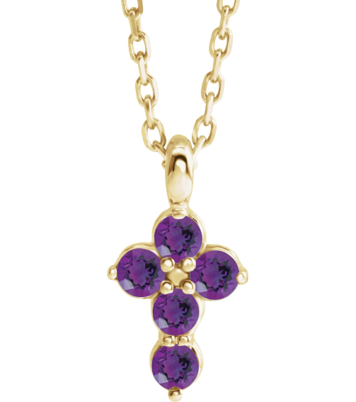 R42363 Necklace 14K Yellow Set Natural Amethyst Round 2 Mm 11.5 X 6.1 Mm Polished Natural Amethyst Cross 16-18 In Necklace