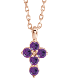 R42363 Necklace 14K Rose Set Natural Amethyst Round 2 Mm 11.5 X 6.1 Mm Polished Natural Amethyst Cross 16-18 In Necklace