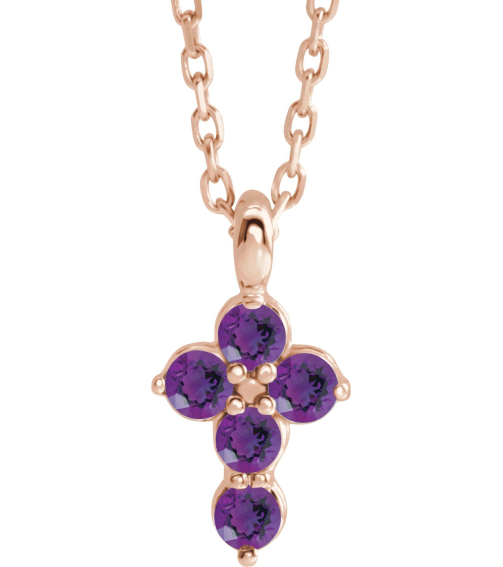 R42363 Necklace 14K Rose Set Natural Amethyst Round 2 Mm 11.5 X 6.1 Mm Polished Natural Amethyst Cross 16-18 In Necklace