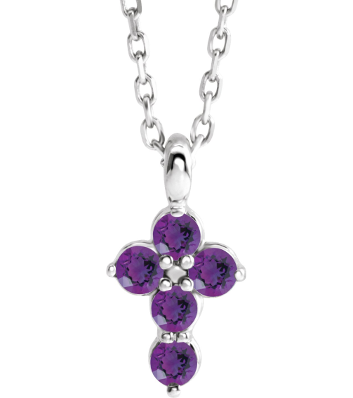 R42363 Necklace Platinum Set Natural Amethyst Round 2 Mm 11.5 X 6.1 Mm Polished Natural Amethyst Cross 16-18 In Necklace