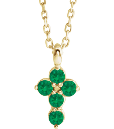 R42363 Necklace 14K Yellow Set Natural Emerald Round 2 Mm 11.5 X 6.1 Mm Polished Natural Emerald Cross 16-18 In Necklace