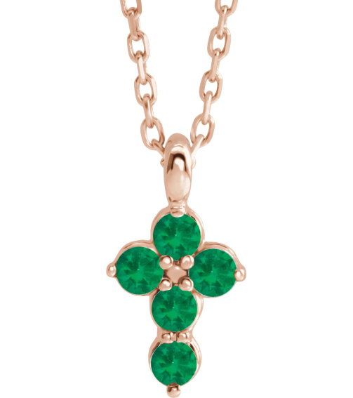 R42363 Necklace 14K Rose Set Natural Emerald Round 2 Mm 11.5 X 6.1 Mm Polished Natural Emerald Cross 16-18 In Necklace