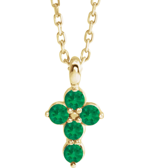 R42363 Necklace 14K Yellow Set Lab-Grown Emerald Round 2 Mm 11.5 X 6.1 Mm Polished Lab-Grown Emerald Cross 16-18 In Necklace