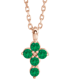 R42363 Necklace 14K Rose Set Lab-Grown Emerald Round 2 Mm 11.5 X 6.1 Mm Polished Lab-Grown Emerald Cross 16-18 In Necklace