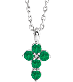 R42363 Necklace Platinum Set Lab-Grown Emerald Round 2 Mm 11.5 X 6.1 Mm Polished Lab-Grown Emerald Cross 16-18 In Necklace