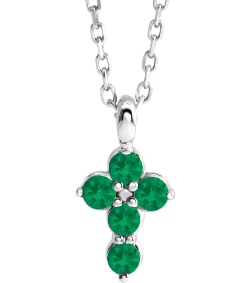 R42363 Necklace Platinum Set Lab-Grown Emerald Round 2 Mm 11.5 X 6.1 Mm Polished Lab-Grown Emerald Cross 16-18 In Necklace