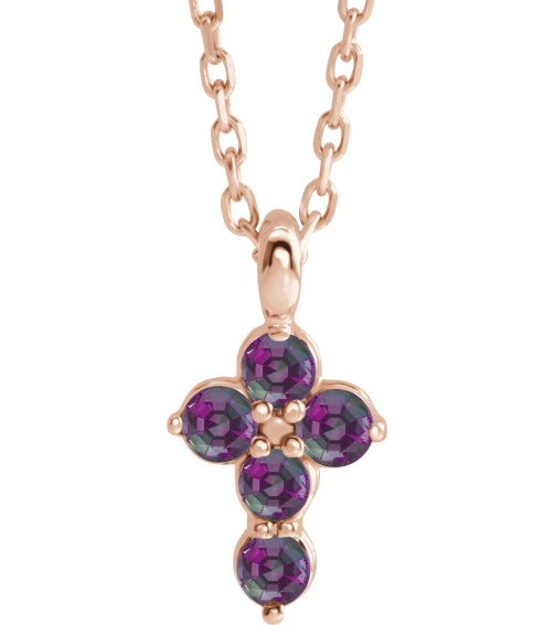 R42363 Necklace 14K Rose Set Lab-Grown Alexandrite Round 2 Mm 11.5 X 6.1 Mm Polished Lab-Grown Alexandrite Cross 16-18 In Necklace