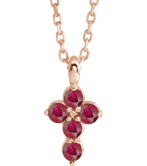 R42363 Necklace 14K Rose Set Lab-Grown Ruby Round 2 Mm 11.5 X 6.1 Mm Polished Lab-Grown Ruby Cross 16-18 In Necklace