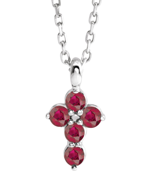 R42363 Necklace Platinum Set Lab-Grown Ruby Round 2 Mm 11.5 X 6.1 Mm Polished Lab-Grown Ruby Cross 16-18 In Necklace
