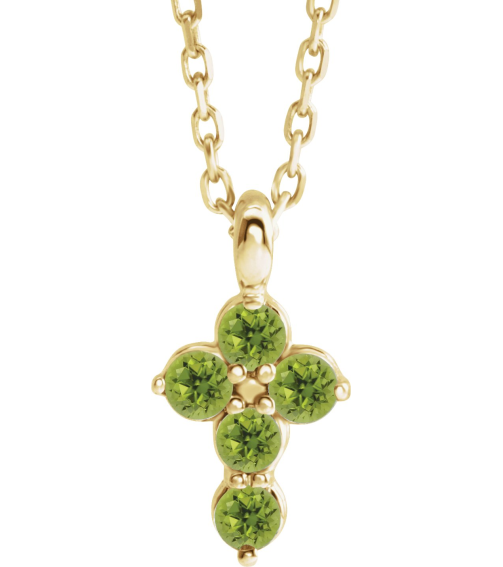 R42363 Necklace 14K Yellow Set Natural Peridot Round 2 Mm 11.5 X 6.1 Mm Polished Natural Peridot Cross 16-18 In Necklace